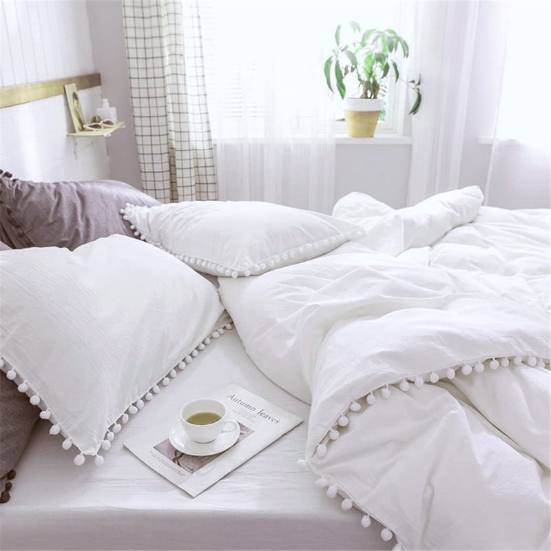 IHOUSTRIY Pom Poms Tassel Duvet Cover Set, Super Soft Lightweight Microfiber, Ball Fringe Pattern Design Boho Bedding Set, Zipper Closure and Ties, 3 PCS - Queen, White - Image 1